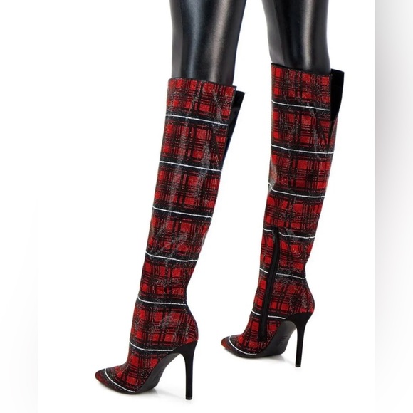 INC Women’s Red Plaid Saveria Stiletto Zip Up Dress Heeled Boots